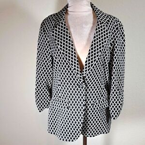 Soho Apparel Women's’s Blazer Jacket Size L Black White Print 3/4 Ruched Sleeve